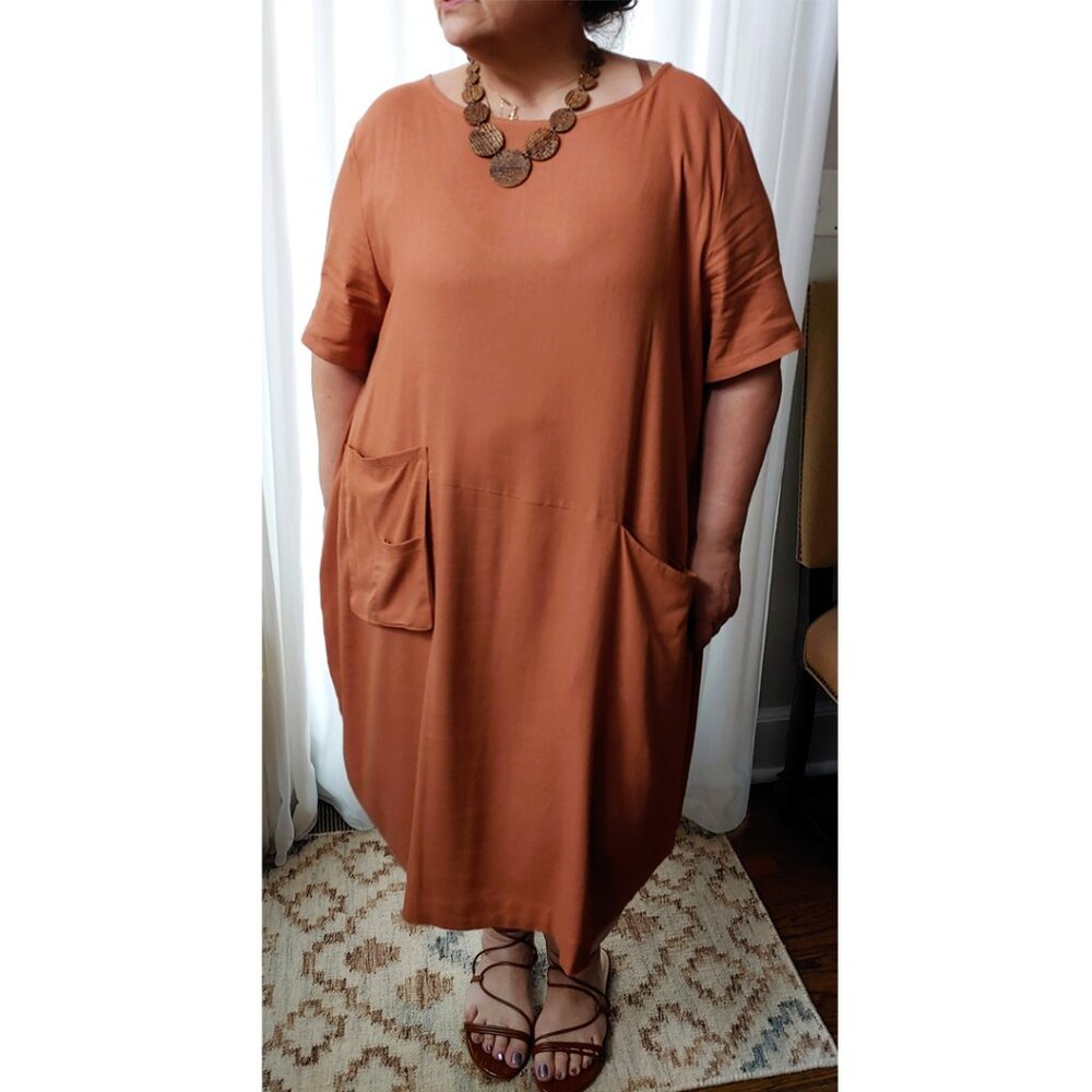 NEW Women's Linen Tunic Dress, Short Sleeve, Kaftan Style Midi, Pumpkin, XLG